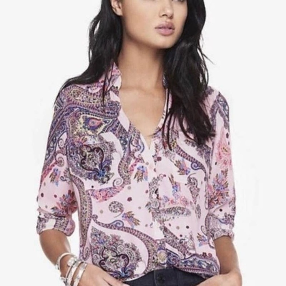 EXPRESS Pink Paisley Print Button Up Portofino Blouse Size S